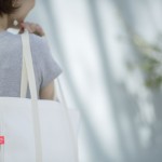 denim eco tote bag, model Yukari Yonezawa; women; woman; hold
